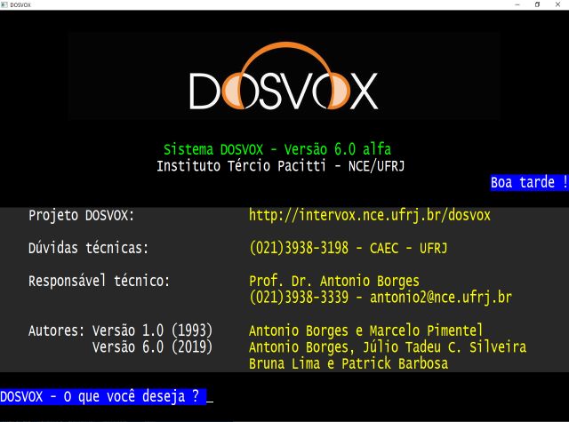Imagem: Tela inicial do sistema Dosvox 5.0. Dosvox o que você deseja?