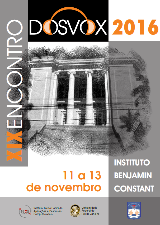 Imagem da Chamada para o Encontro Dosvox. Descrio da Imagem: Formato Retangular. Cores Predominantes(Cinza, branco, preto e laranja. Foto ao centro (em escala de cinza) da Entrada do Instituto Benjamin Constant:Descrio da foto: Prdio histrico, com uma escadaria, janelas e duas colunas centrais que o identifica, no topo do prdio o texto em destaque: Instituto Benjamin Constant. Ao redor da foto do IBC aparece o texto XIX Encontro Dosvox. A palavra Dosvox aparece como logotipo, caracterizado por um fone de ouvido, entre as duas letras o. No rodap da imagem, aparecem trs logotipos: NCE, UFRJ e Instituto Benjamin Constant