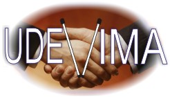 Logomarca da UDEVIMA - duas mãos, formando um aperto de mãos e dentro delas a sigla UDEVIMA, tendo duas bengalas convergindo para formar a letra (V)